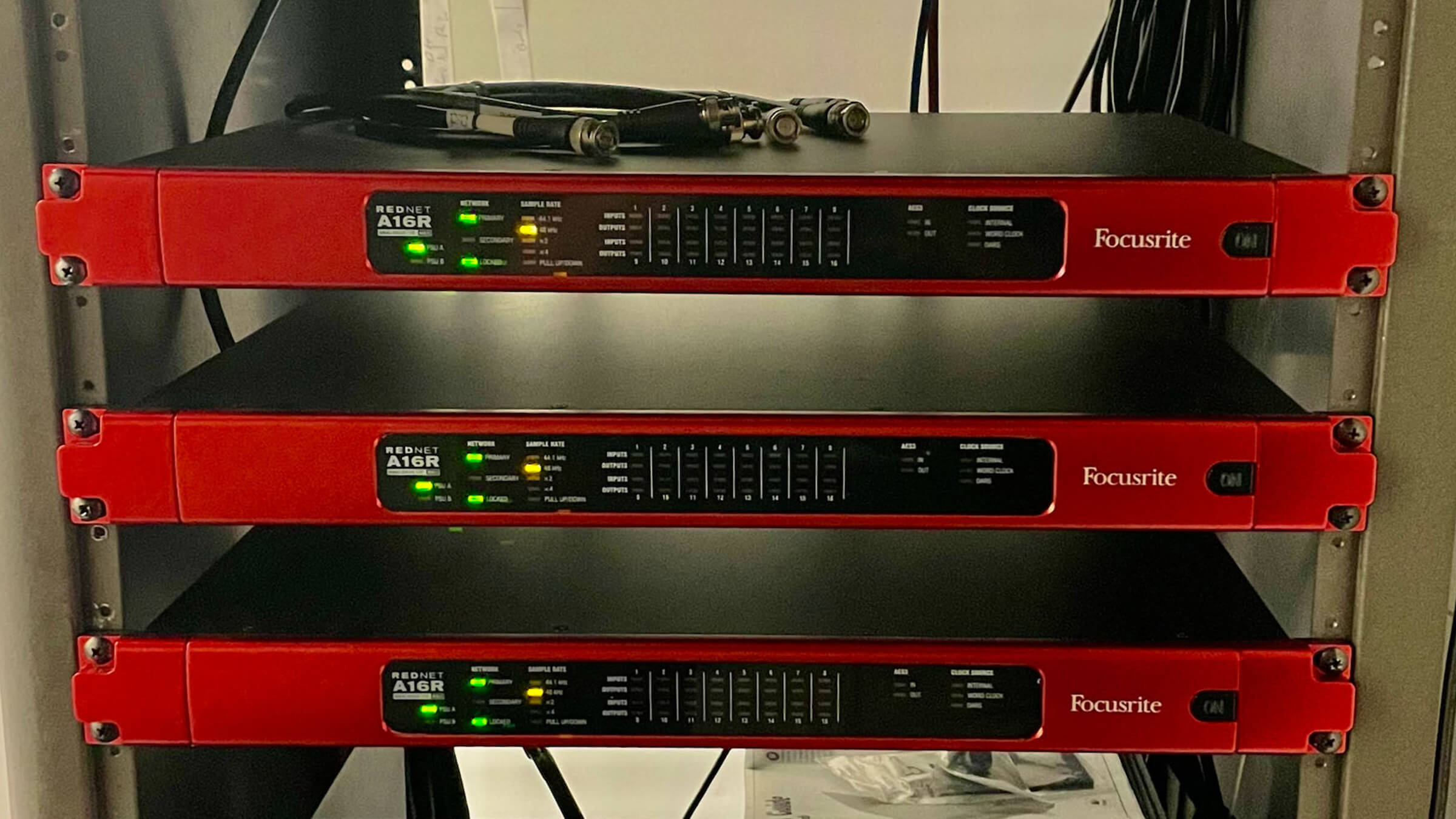 Gear rack configured for Ithaca College Recording Services setup, including several Focusrite RedNet interfaces Gear rack configured for Ithaca College Recording Services setup, including several Focusrite RedNet interfaces
